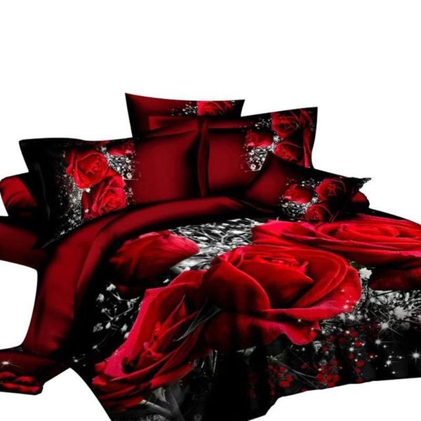 

bedding sets 4 pcs 3d big red rose floral wedding duvet cover sheet pillow cases bed set