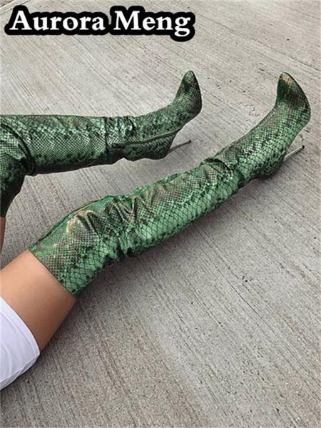 

boots 2021 autumn snakeskin pattern over the knee for women thin high heels pointed toe long sapatos de mujer size 45, Black