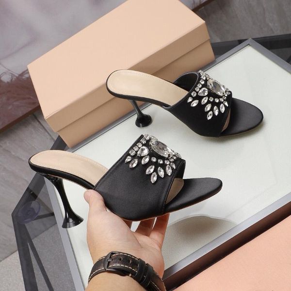 

2021est summer shoes woman sweet silk slippers blingbling crystal peep-toes stiletto heels zapatos de mujer, Black