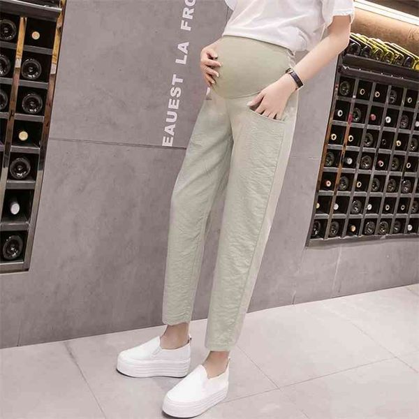 

3120 9/10 length summer thin linen maternity pants elastic waist belly clothes for pregnant women pregnancy short trousers 210918, White
