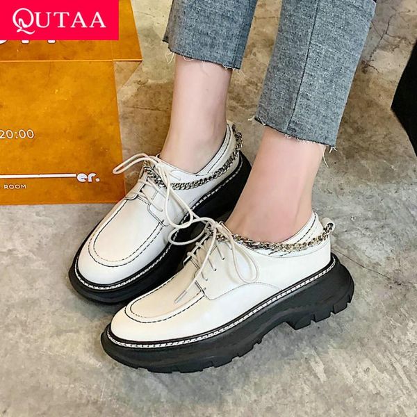 

dress shoes qutaa 2021 sewing round toe spring autumn women pumps lace up metal square high heels genuine leather female size 34-40, Black