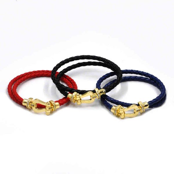 

bangles bracelet popular u-shaped horseshoe with half brick inlaid double leather rope and magnetic buckle, Black