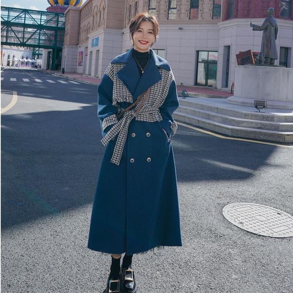 

women's wool & blends winter vintage casual coat women fashion blue turn-down collar long slim overcoat and jackets ladies thick warm y, Black