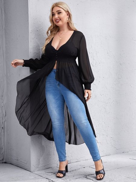 

plus button front high low kimono g7yi#, Black