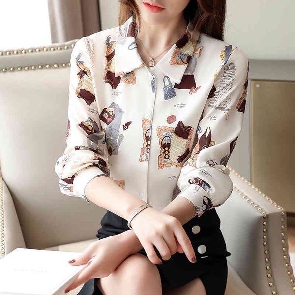 Рубашка Harajuku старинный порт напечатанный женский весенний топ с длинным рукавом Bluss элеганты шифон блузка 806F 210420