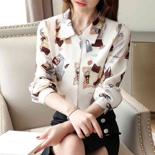 

harajuku shirt vintage port printed women's spring long sleeve blusas elegantes chiffon blouse 806f 210420, White