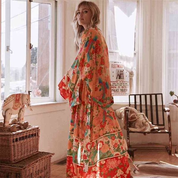

women chiffon kimono cardigan floral printed long sleeve belt casual loose outwear thin cover ups beachwear plus size 210719, White