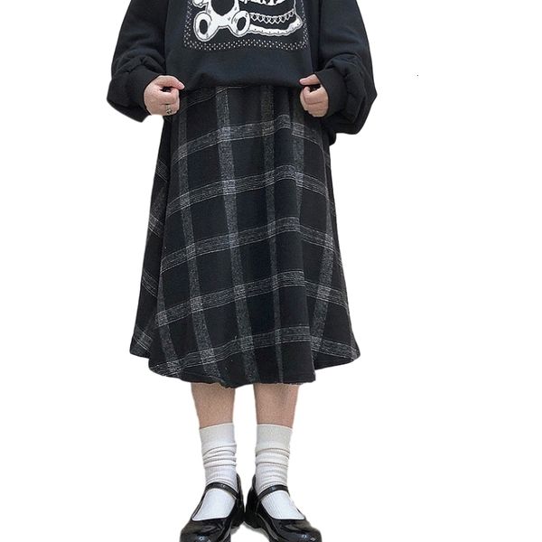 

winter vintage high waist plaid women harajuku cosplay wool black long skirts korean fashion style school girls midi skirt