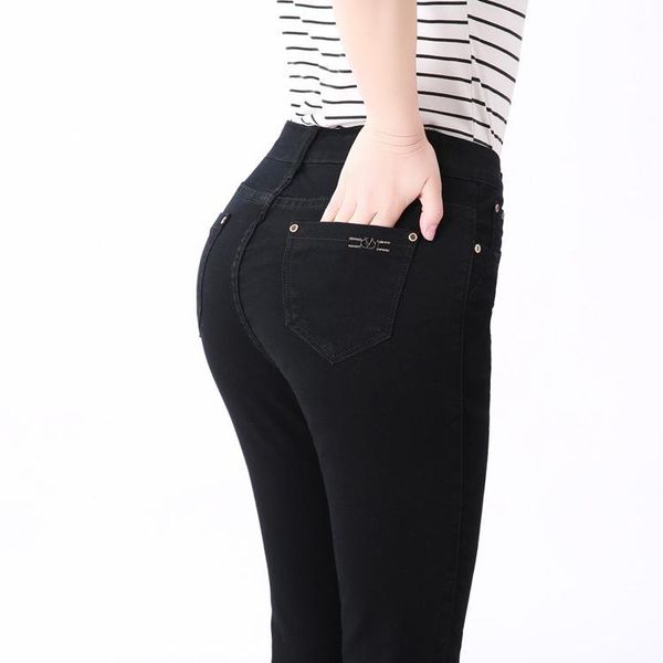 

women's jeans summer black women cropped trousers skinny knee length elastic high waist mom plus size denim pants, Blue