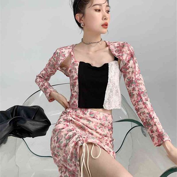 

skirts pink floral high wasit bodycon womens korean fashion desinger ruched kawaii mini drawstring soft girl p69h, Black