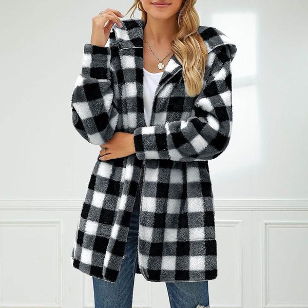 

women's jackets sweater coat 2021 autumn winter thick warm hooded plaid wool cardigan jumpers fleece veste femme, Black;brown