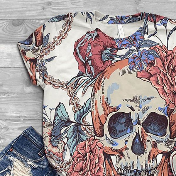 

plus size oversized summer women shirts short sleeve 3d skull printed o neck tee camiseta mujer jsw, White