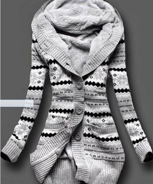 

women's cardigan knitted buttons printed geometric casual warm cotton long sleeve regular sweater hooded fall winter, White;black