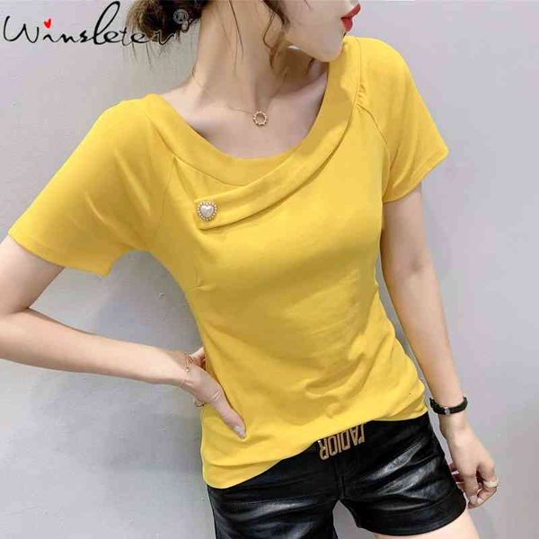 

women's t-shirt summer korean style cotton solid fashion beads irregularity o-neck women short sleeve bottoming shirt tees t1, White