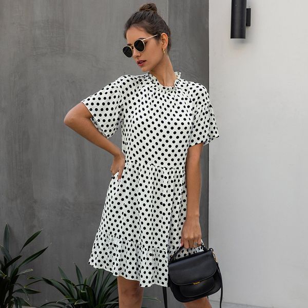 

2021 new summer ladies polka dot a-line women elegant ruffled collar high waist print mini short dress, Black;gray