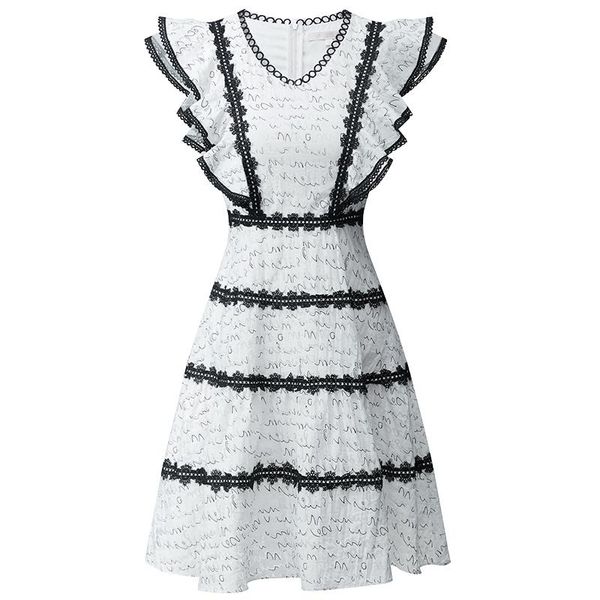 

casual dresses elegant print office lady butterfly high sleeve white dress embroidery lace hollow out a-line party robe, Black;gray