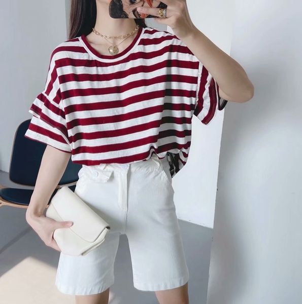

summer basic tshirt women knit tees shirt short sleeve tee flare o neck striped plus size xz2488 210525, White