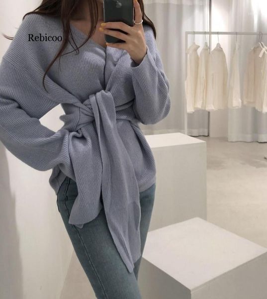 

women's sweaters fashion sweater women autumn winter ladies solid long sleeve v-neck bandage tie fall womens oversized pullover, White;black