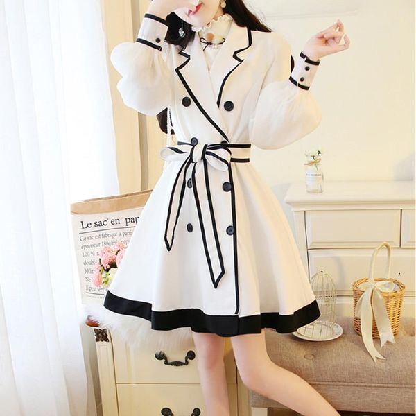 

spring autumn korean fashion v-neck double-breasted bow tie casual windbreaker mid-length female temperament overcoat women's trench co, Tan;black