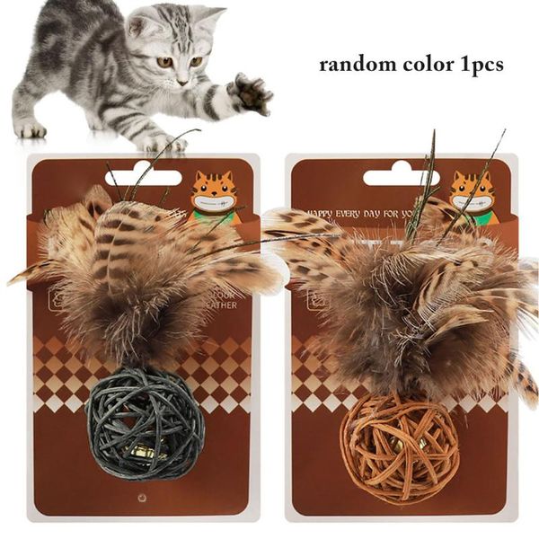 

selling cat ball fake feather interaction funny rattan jingle kitten play with bell supplies random color toys