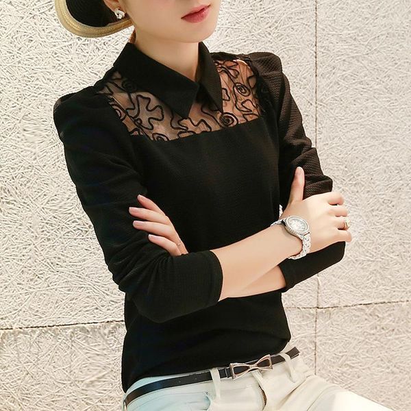 

women's blouses & shirts 2021 women clothing chiffon blouse lace crochet female lapel slim office ladies blusas shirt black fit, White