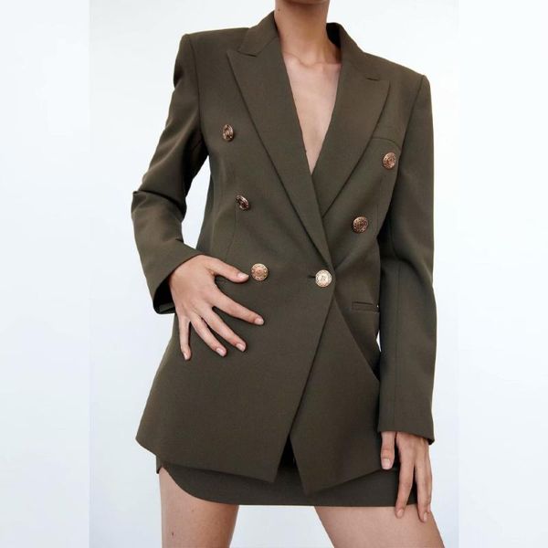 

women's suits & blazers double breasted slim blazer coat vintage long sleeve casual female outerwear chic women 2021 autumn fashion, White;black