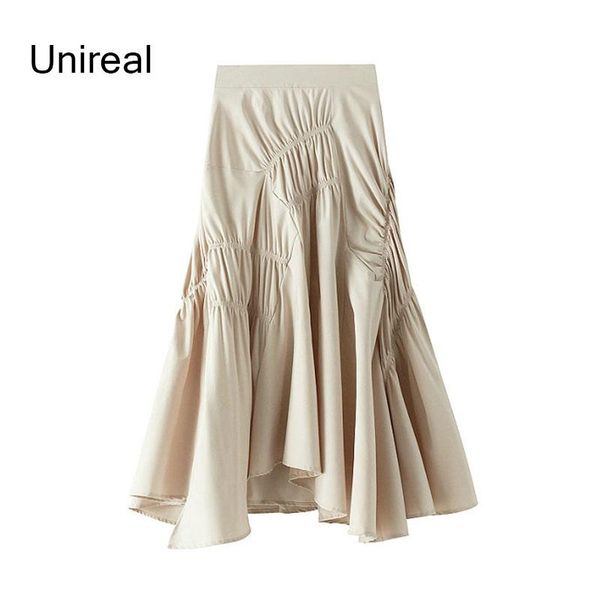 

skirts unireal 2021 summer autumn women pleated long skirt high waist fashion vintage maxi streetwear, Black