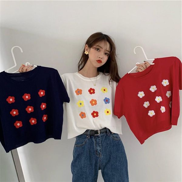 

women's t-shirt women summer 2021 korean style cute floral embroidery short sleeve knitted knitwear white red tee shirt femme t319