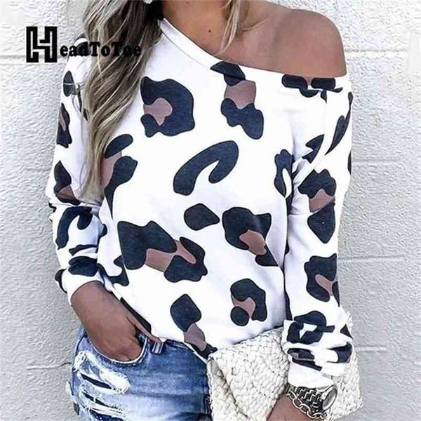 

leopard print fashion women long sleeve round neck loose t shirt 210819, White
