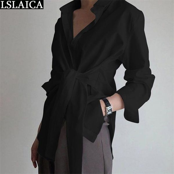 

women shirts autumn long sleeve turn-down collar sashes single button blouse casual solid lady office loose plus size 210515, White