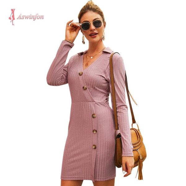 

casual dresses aswinfon spring summer slim knitted dress women v-neck knee-length a-line solid colour long sleeve pink fashion lady, Black;gray