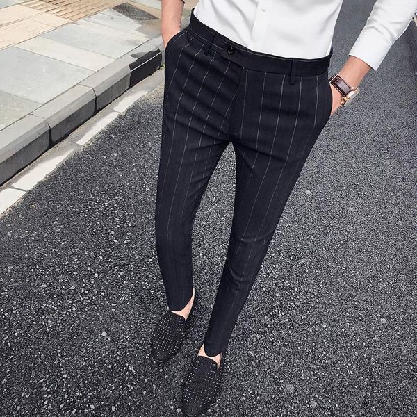 

men's pants 2021 fashion business casual men slim elegant perfume masculino dress striped suit trousers mens, Black