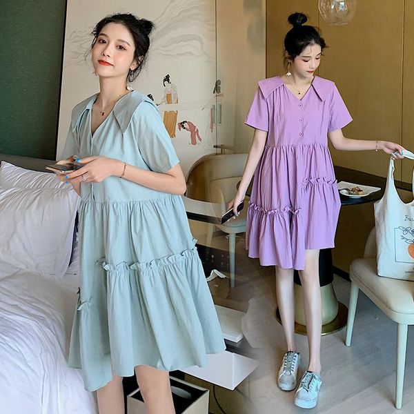 

maternity dresses 845# dress summer short sleeves v neck solid color loose stylish pregnant women mom, White