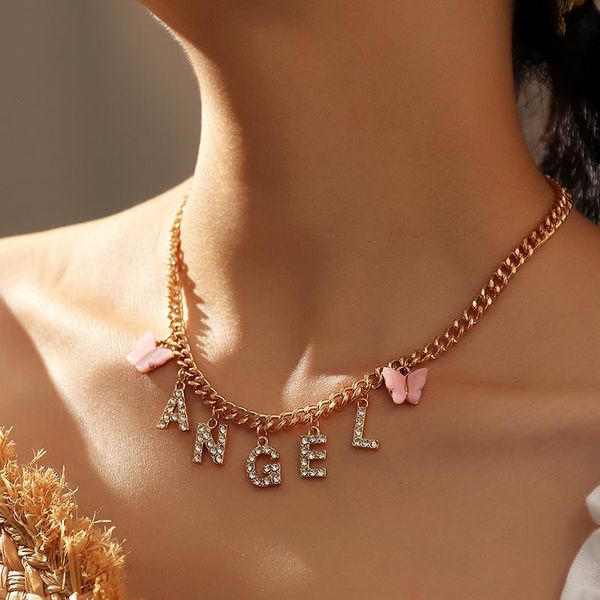 

chains crystal baby letters pendant necklace for women fashion cute butterfly choker girl gold fine jewelry couple gift, Silver