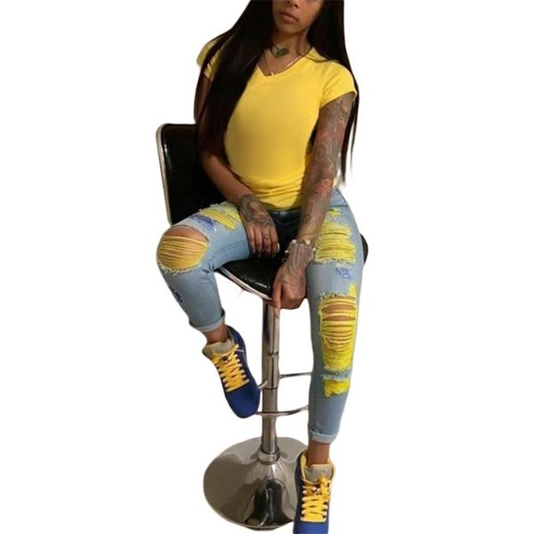 

women's jeans female skinny washed distressed ripped hole fashionable high waist pencil pants close-fitting denim for women yellow, Blue