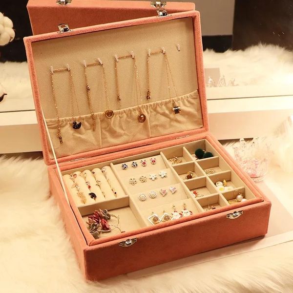 

jewelry pouches, bags 2021 2-layers box velvet stud organizer large ring necklace makeup holder cases with lock for women, Pink;blue