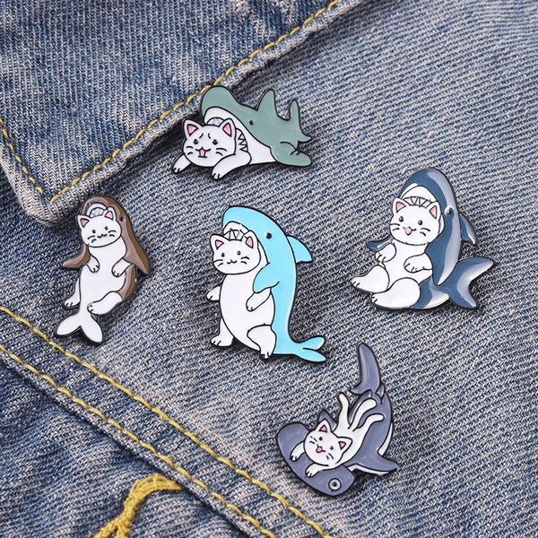 

ocean animal shark eat cat shape brooches cartoon alloy enamel lapel pins children cute eating schoolbag clothes badge accessories wholesale, Blue