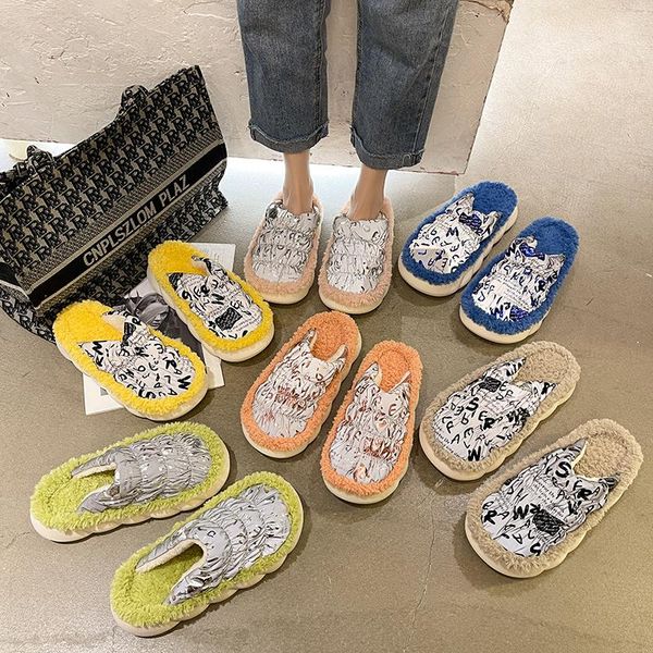 

slippers baotou semi-slippers, women's outer wear, warmth in autumn and winter, home thick-soled non-slip cotton, Black