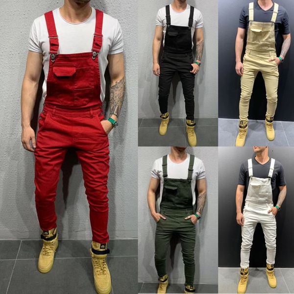 

mens fashion denim bib overalls jumpsuits jeans solid pants trousers new casual denim pants male clothing, Blue