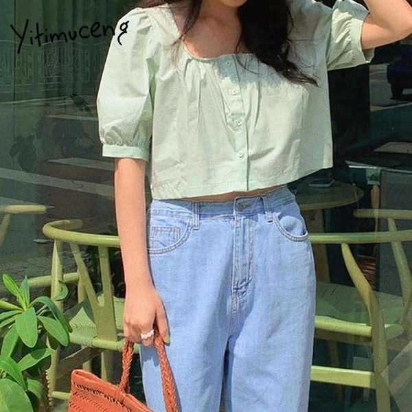

women's blouses & shirts yitimuceng casual blouse women button up oversized simple shirt korean fashion puff sleeve white green pink 2