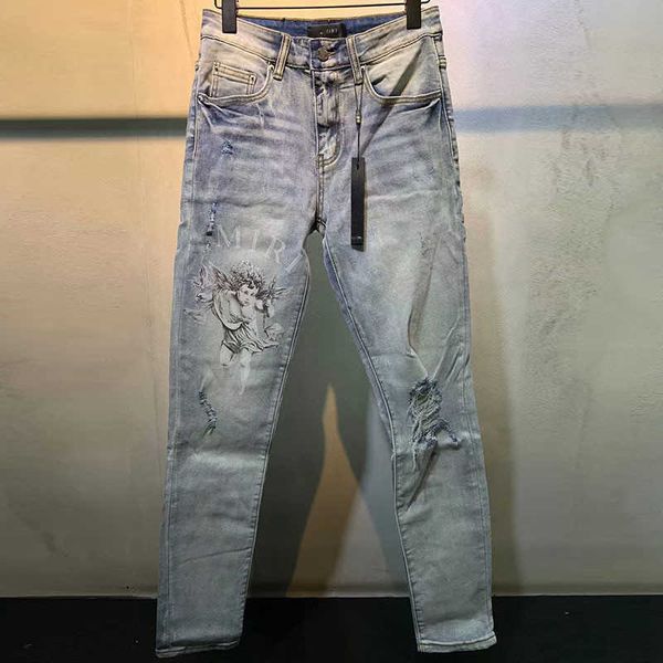 

men's stretch jeans, slim jeans, angel print, hip hop style, autumn, Blue
