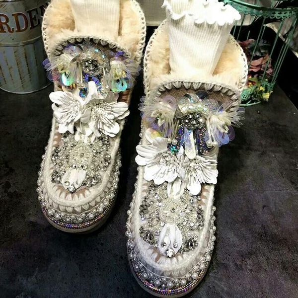 

fashion luxury beaded sequins flower snow boots wool shoes net slippers, Black