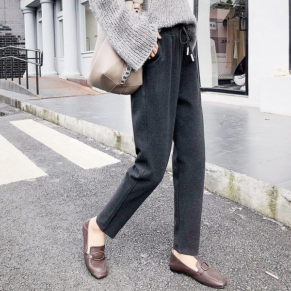 

women's pants & capris 2021 autumn winter great quality woman woolen harem female elastic waist casual trousers black/gray, Black;white
