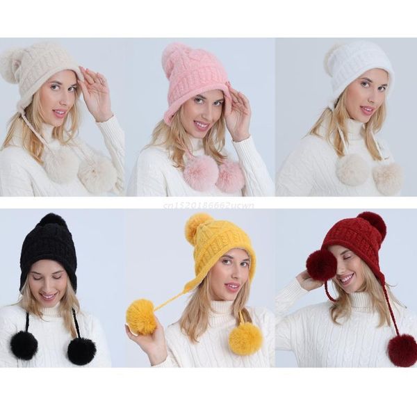 

beanie/skull caps women winter plush lining thick cable knit chenille beanie hat cute pompom ball earflap trapper solid color thermal dropsh, Blue;gray