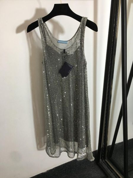 

casual dresses luxury summer women's shining studded mesh hollow vest dress with lining, Black;gray