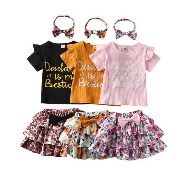 

clothing sets 3pcs summer born baby girl set infant letter ribbed ruffled +floral bow skirt headband outfits toddler, White