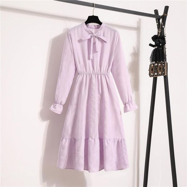 

casual dresses women elegant pure color dress vintage bow collar long sleeve office ladies 2021 robe femme, Black;gray