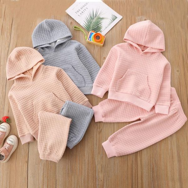 

clothing sets spring fall 2 pcs toddler casual outfits girls solid color long sleeve hoodie with pocket + elastic waist trousers, White