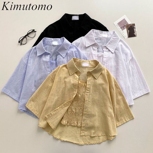 

kimutomo two piece sets simple korean turn-down collar short sleeve solid color shirt + elastic slim strapless casual 210521, White