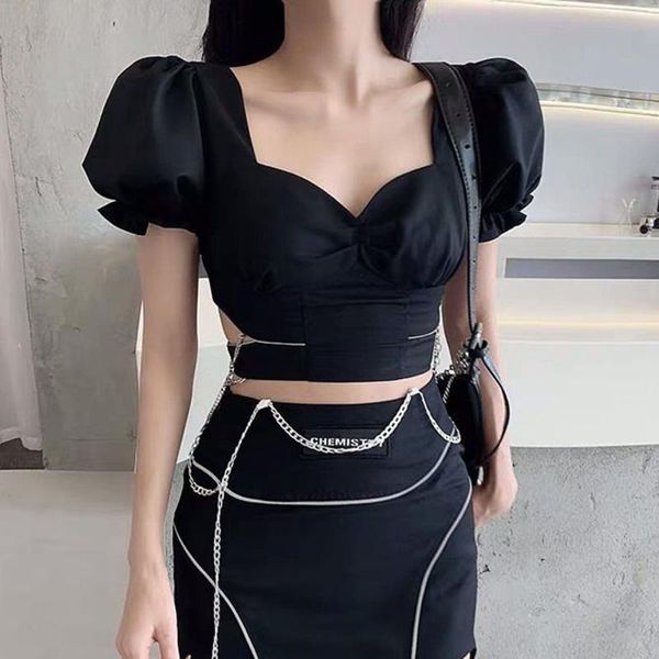 

women's t-shirt gothic spring summer fashion casual hipster designer creative simple hollow out navel puff sleeve 2021, White